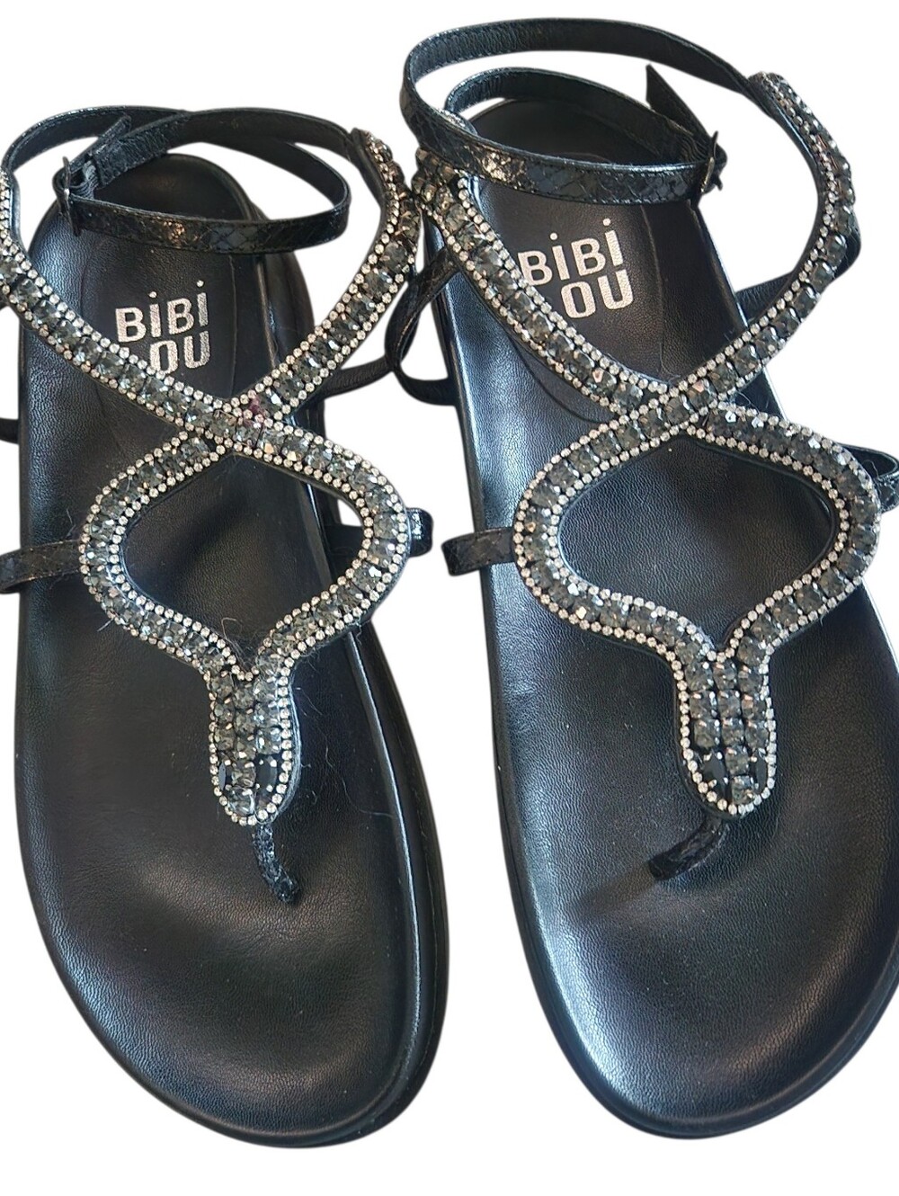 Bibi Lou Black Embellished Thong Ankle-Strap Sandals
